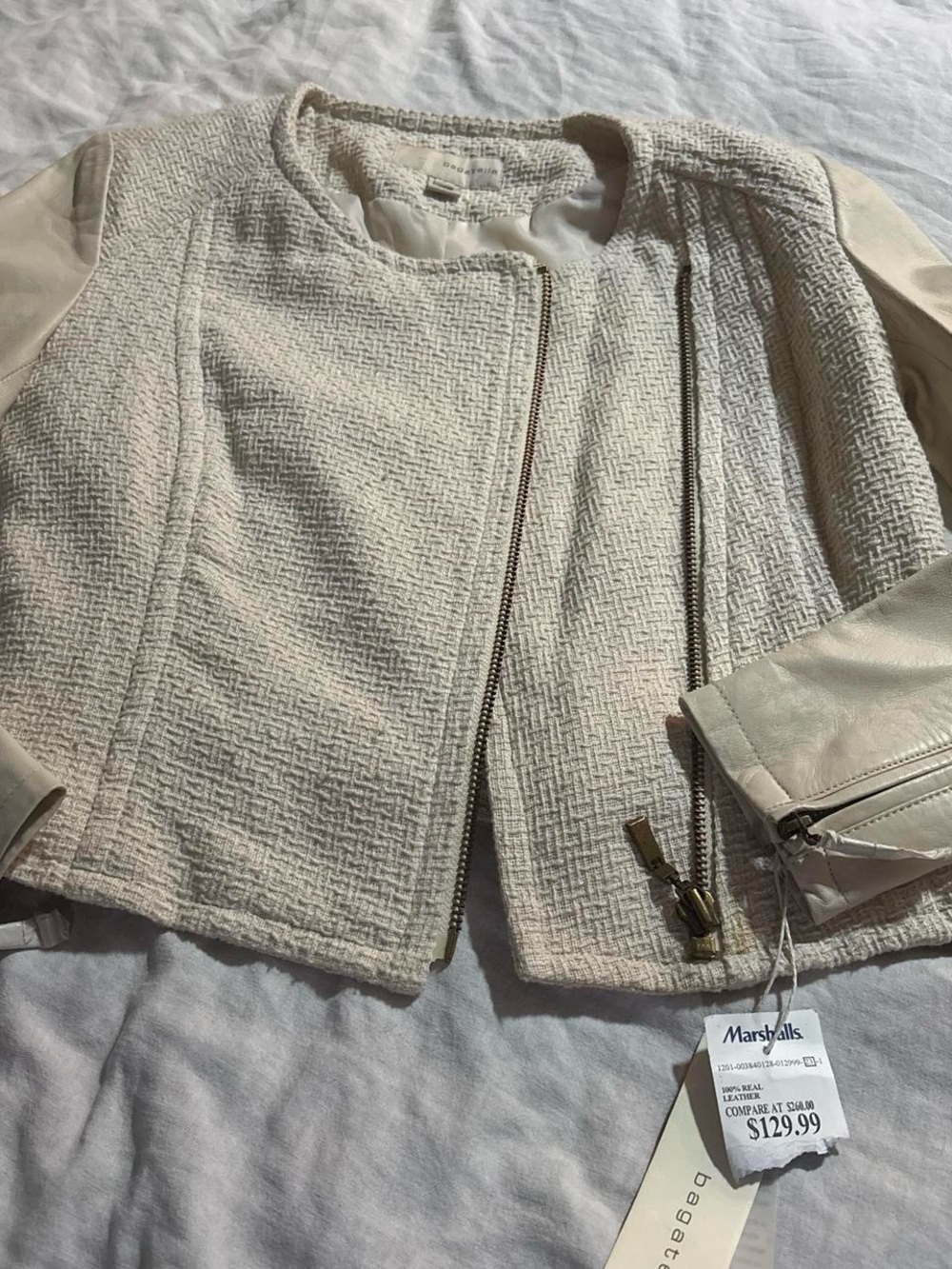 bagatelle Cream Textured Moto Jacket with Leather Sleeves